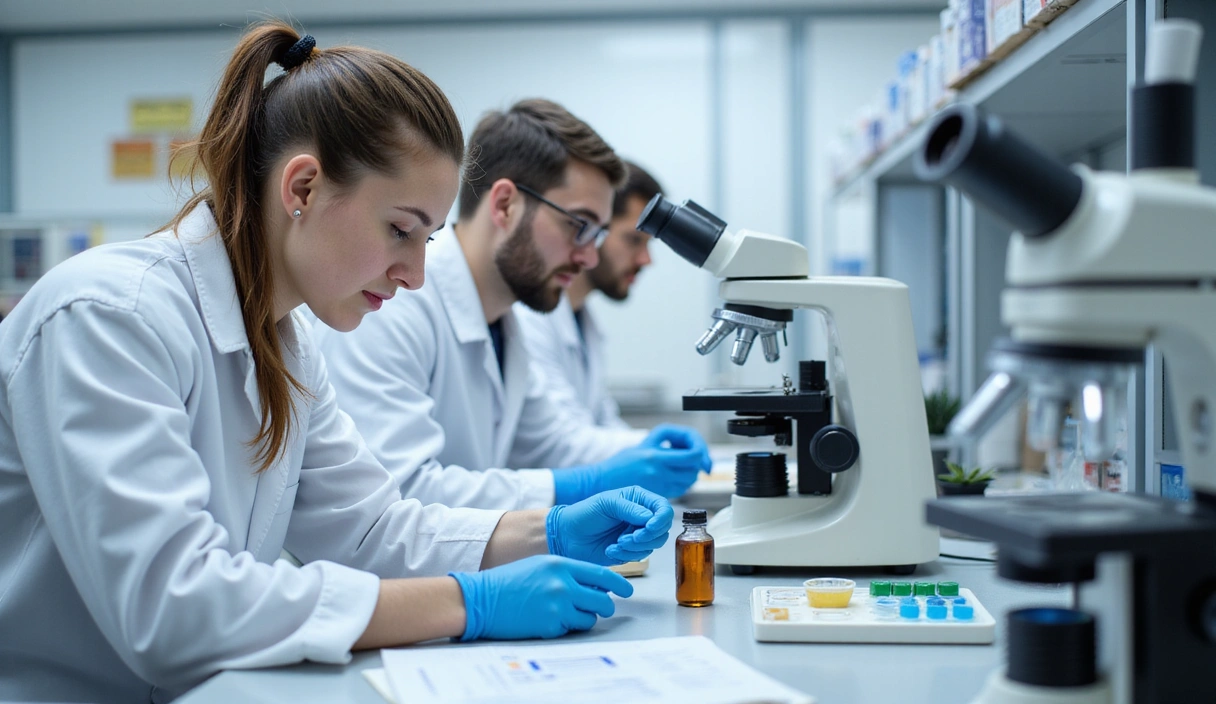 A laboratory setting with scientists performing quality control tests on natural product samples, highlighting precision and safety.